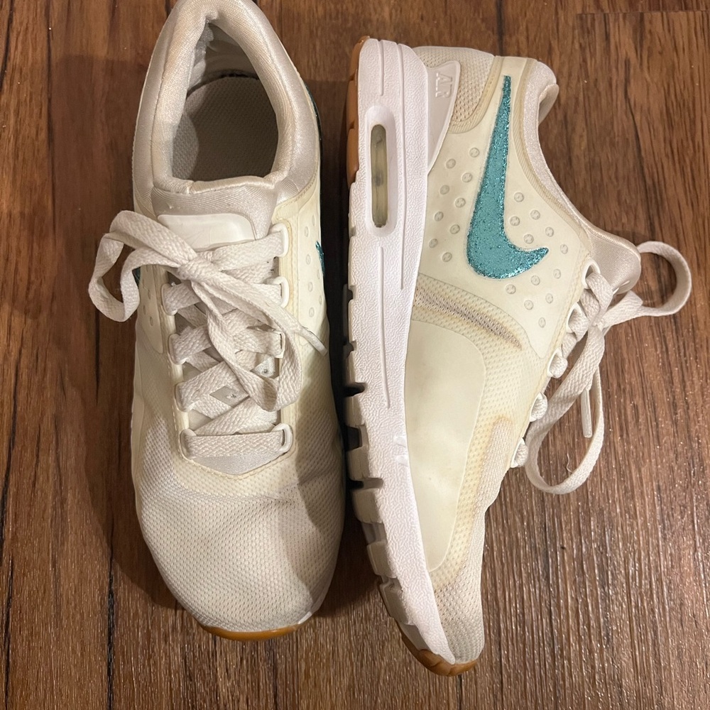 Custom Painted Nike Air Sneakers – Cream with Teal Glitter Swoosh (Women’s 8.5)